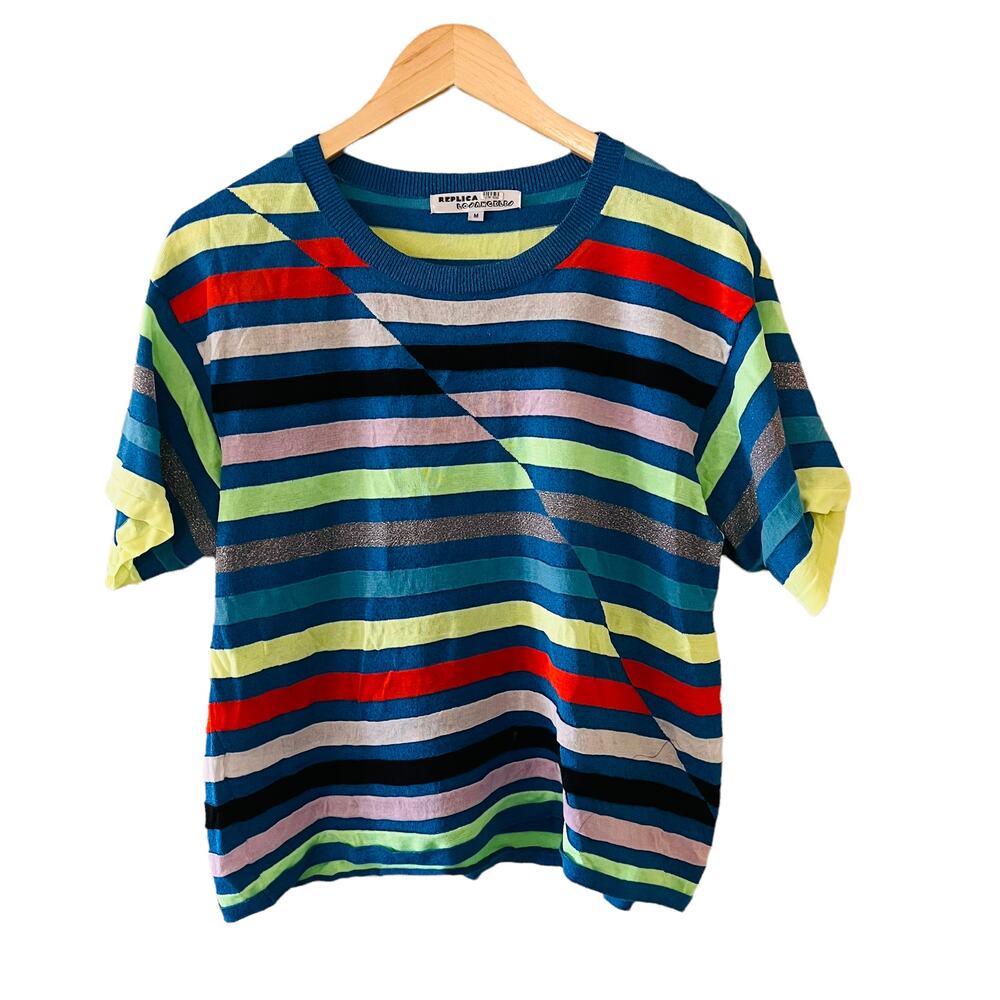 Replica Los Angeles Multicolored Striped Boyfriend Crew Neck Top  Size Medium - Picture 2 of 7